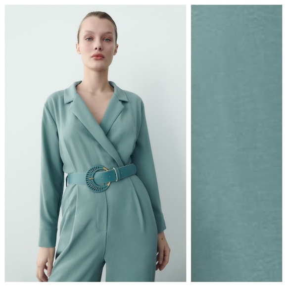 NWT. Zara Blue/Green Long Belted Jumpsuit. Size S. - Picture 3 of 11